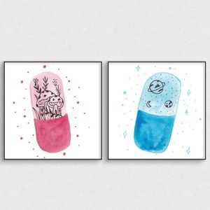 Red Pill Blue Pill Set of 2 Original Art Prints in Color 8x8